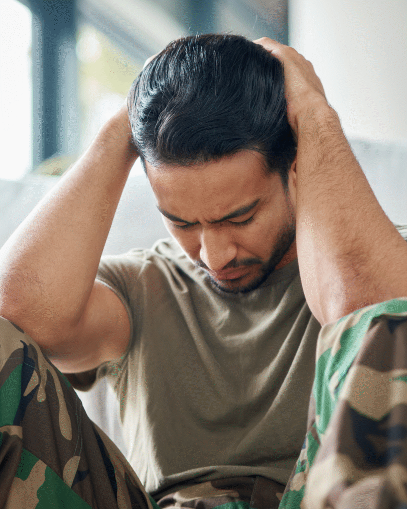 A person sitting on a couch with their head in their hands